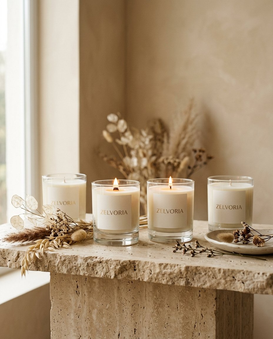 The Zelvoria candle collection — glass jars with ivory labels and gold bands on travertine stone