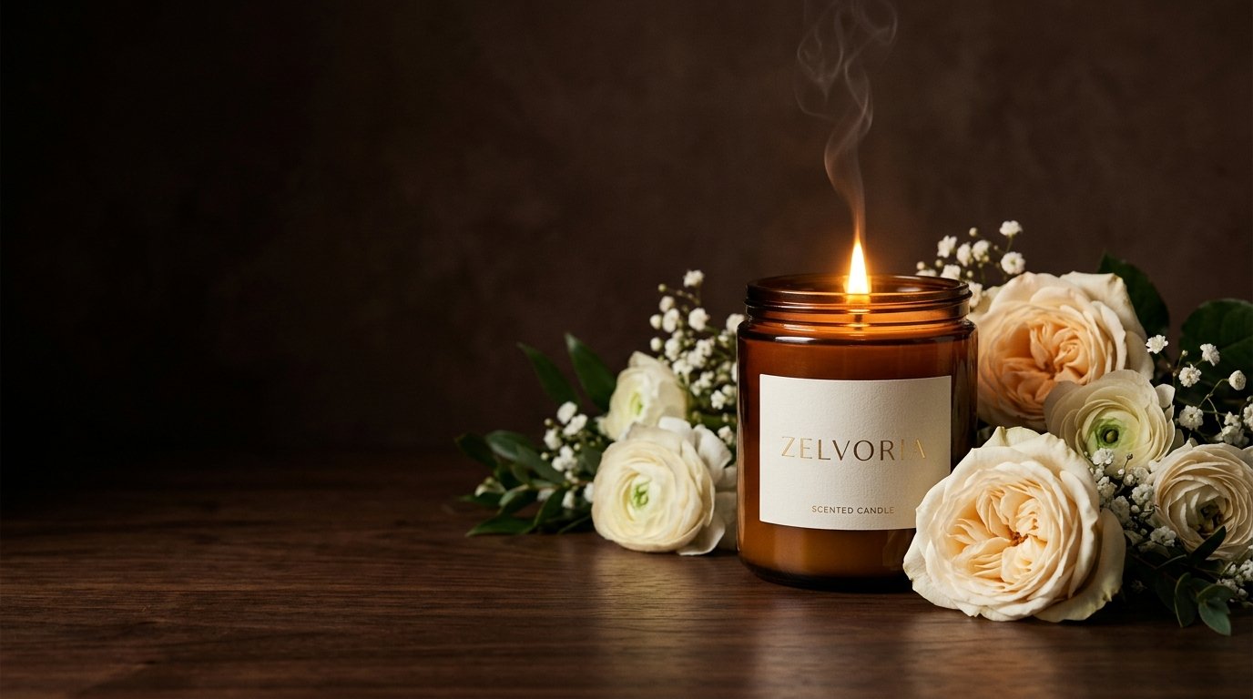 A lit Zelvoria candle in an amber glass jar beside cream roses on a dark walnut table